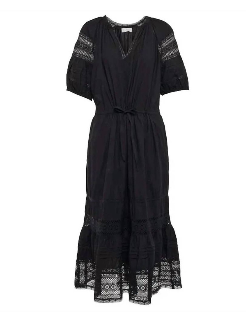 Velvet G&S Andy Short Sleeve Lace Trim Puff Cotton Midi Dress Black S $239